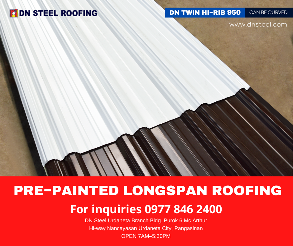 DN Steel’s Twin Hi-Rib 950 is recommended for use for panels up to 30 mts length even at 5˚ roof slope. Its capillary is specially designed to eliminate possible leaks and proven effective. This profile is available in our DN Steel Urdaneta Branch, office is located at Bldg. Purok 6 Mc Arthur Highway Nancayasan, Urdaneta City, Pangasinan