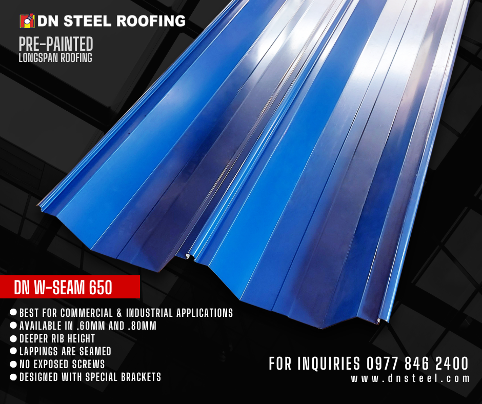DN W Seam 650 roof profile is best recommended and feasible to use for panels in 30 m, 40 m, or even more than 50 m. in length and almost flat roofing.