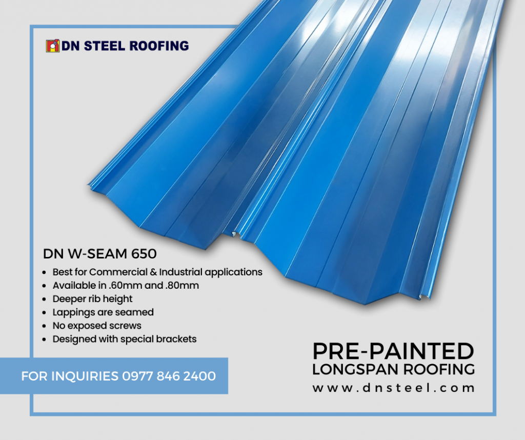 DN W Seam 650 roof profile is best recommended and feasible to use for panels in 30 m, 40 m, or even more than 50 m. in length and almost flat roofing. Best for Commercial and Industrial applications.