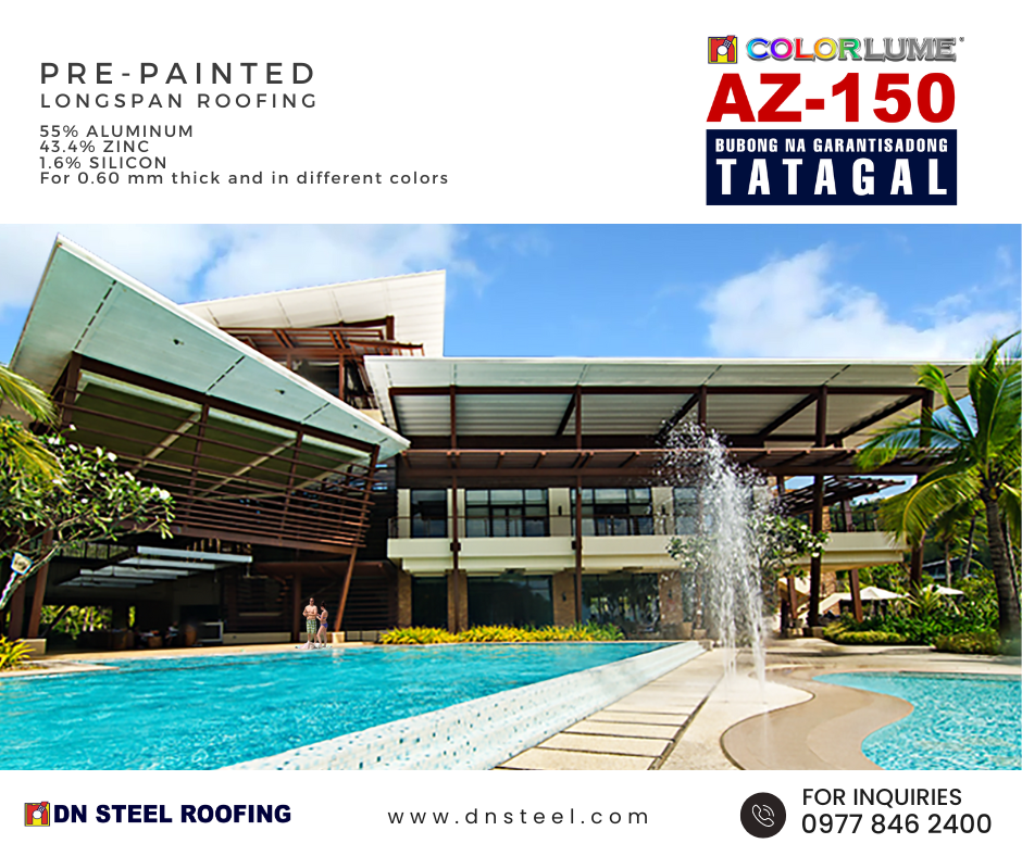 DN Steel’s AZ 150 roofing material is proven for its strength and durability in corrosive environments. It is best recommended near shoreline and by the poolside leisure areas.