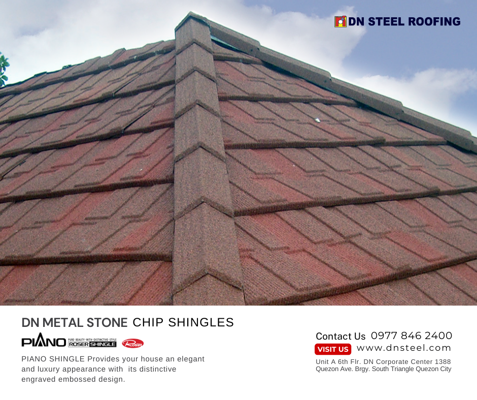 DN "MSC" Metal Stone Chips Shingles highlight an elegant look in distinctive designs to your home and to every structure. Its granulated stone chips add weather protection to your roof. Our Head Office located at DN Corporate Center 1388 Quezon Ave., Brgy. South Triangle Quezon City.