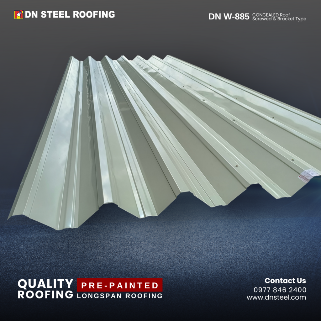 DN Steel's W-885, with its 95mm deep rib height, is ideal for 1⁰ to 3⁰ sloped roofing, commonly used in commercial and industrial settings. To know more about our products and services, give us a call at 0977 846 2400.